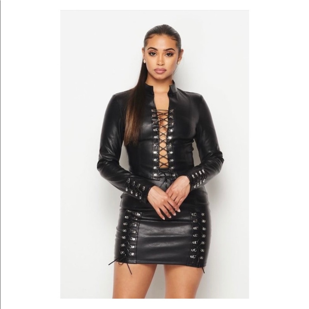 Tie up Faux Leather skirt set